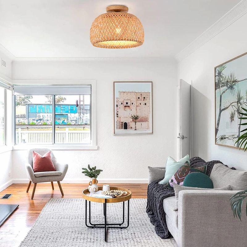 Luminaire plafonnier en bambou et rotin avec base en bois - Néphélè