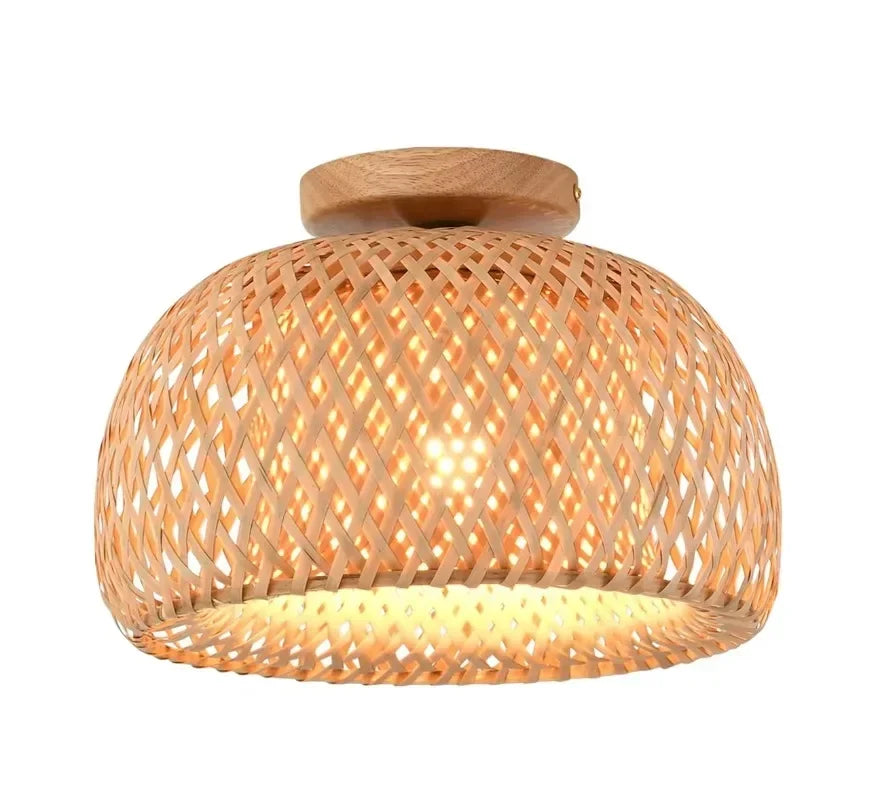 Luminaire plafonnier en bambou et rotin avec base en bois - Néphélè