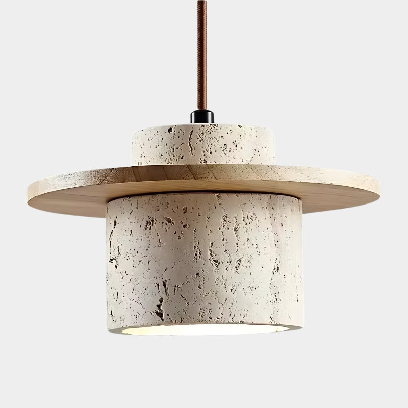 Plafonnier LED suspendu en pierre travertin et en bois naturel - Altara