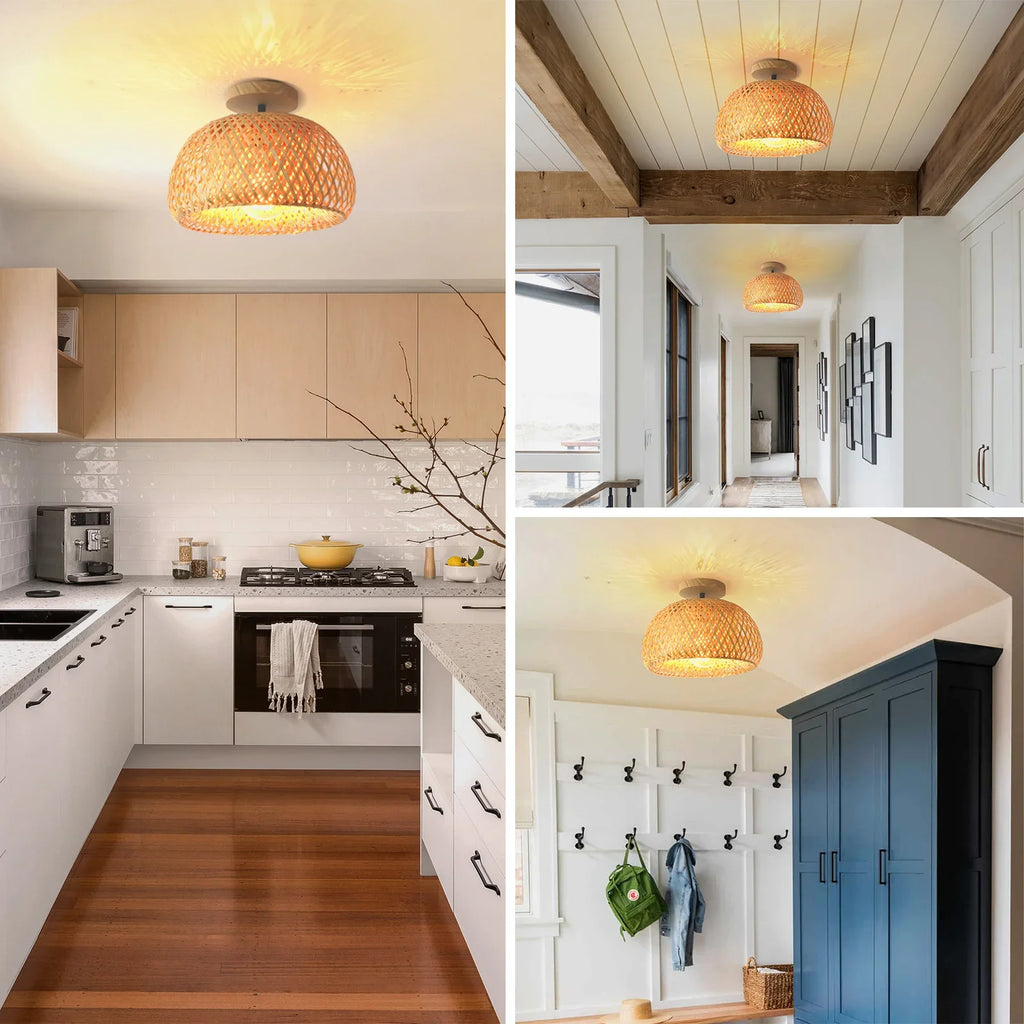 Luminaire plafonnier en bambou et rotin avec base en bois - Néphélè